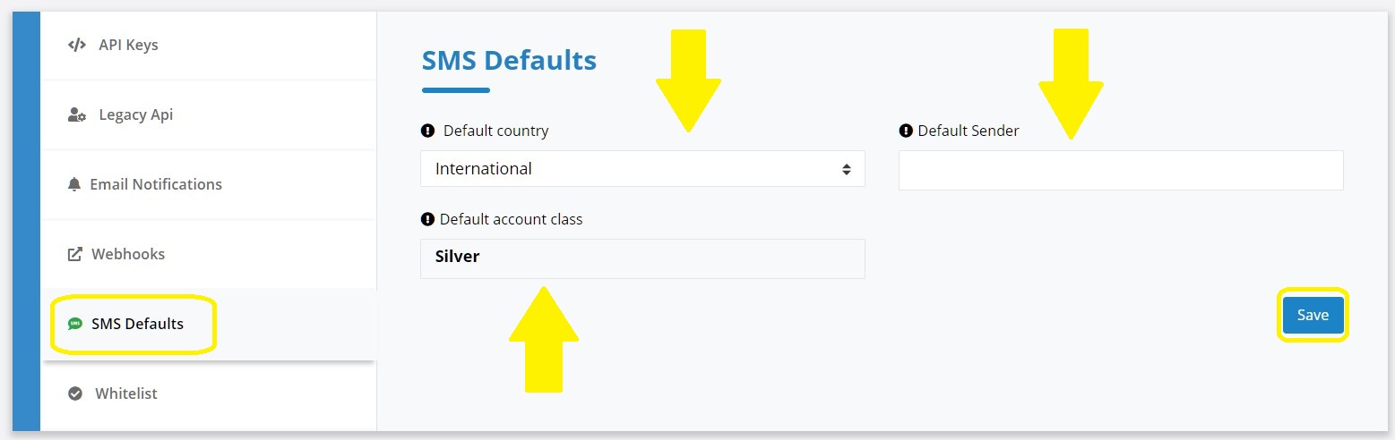 FloppySend - Set up a defaults SMS settings